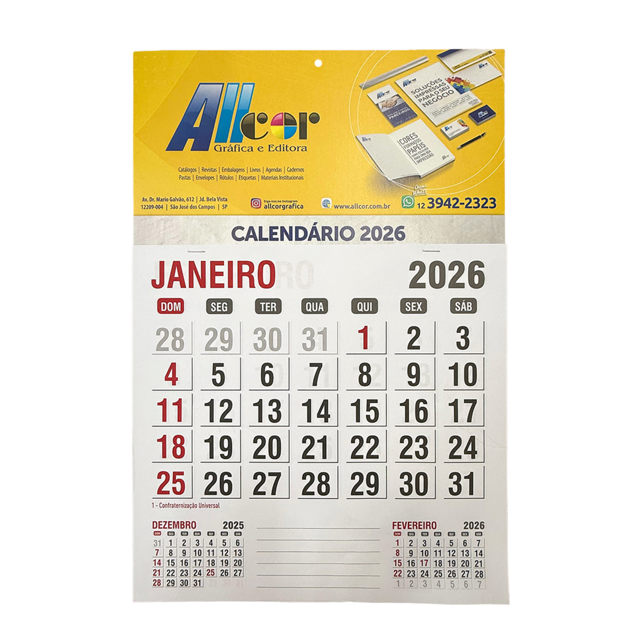 Calendário de Parede 320x465mm - 4x0 Colorido - Cartão Duplex 300g - F4